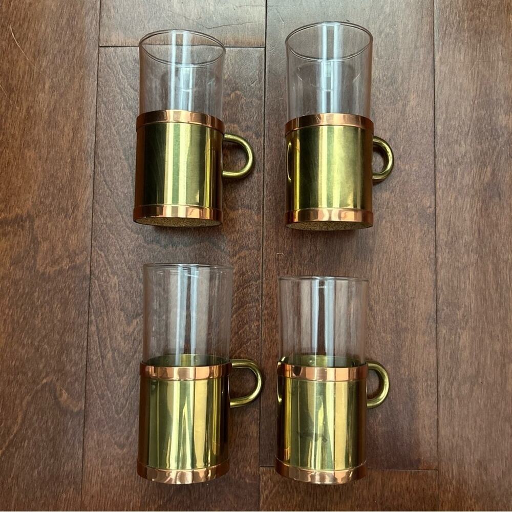 Vintage Beucler Irish Turkish Coffee Espresso Cups, Glass Copper Brass, Set of 4